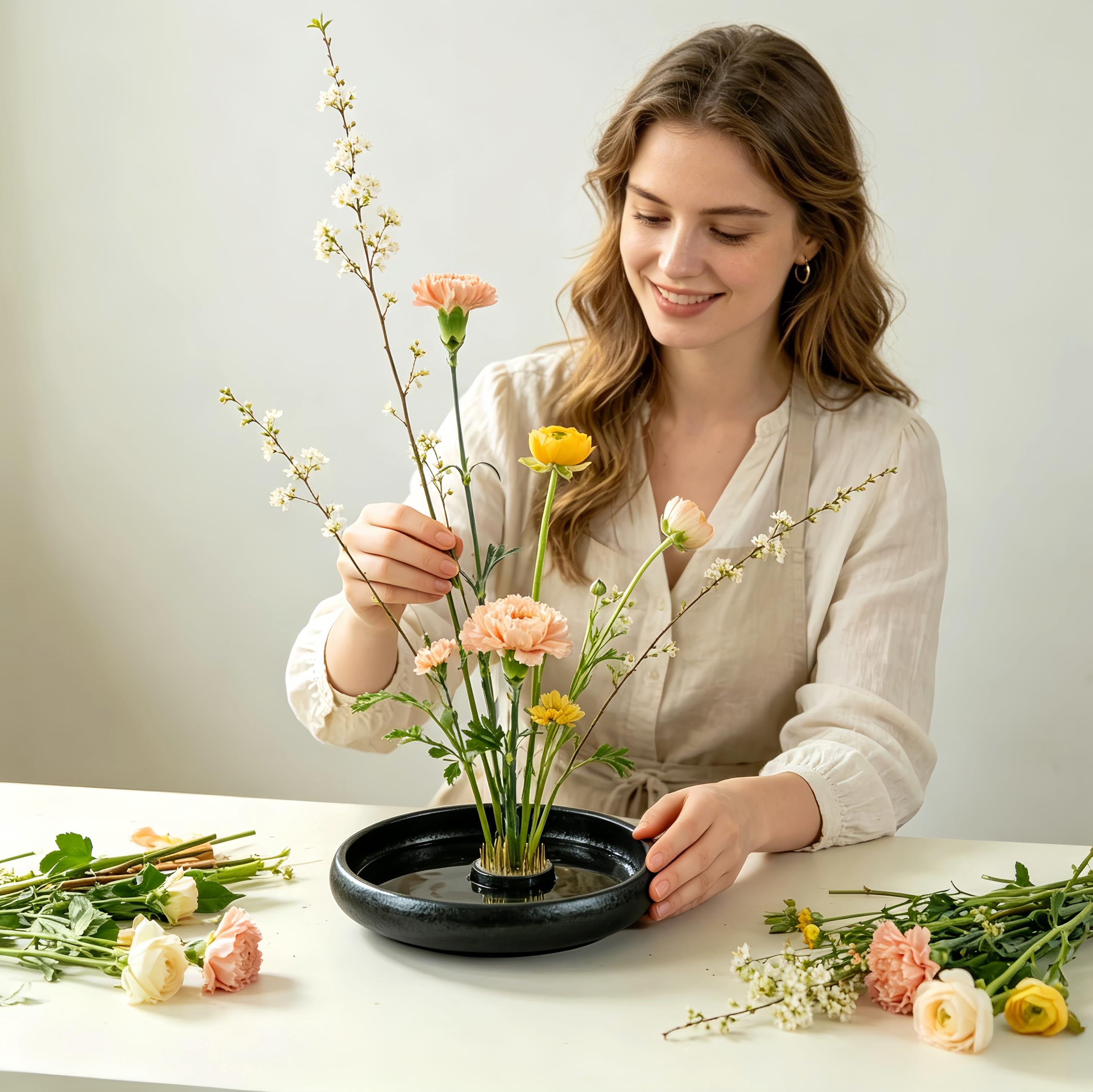 Amazon.co.jp: 日本の生け花花瓶キット、花の浅い容器セラミック生け花
